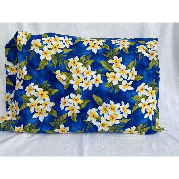 Blue Pillowcase with White and Yellow Plumerias | Handmade | 100% Cotton - Picture 1 of 5
